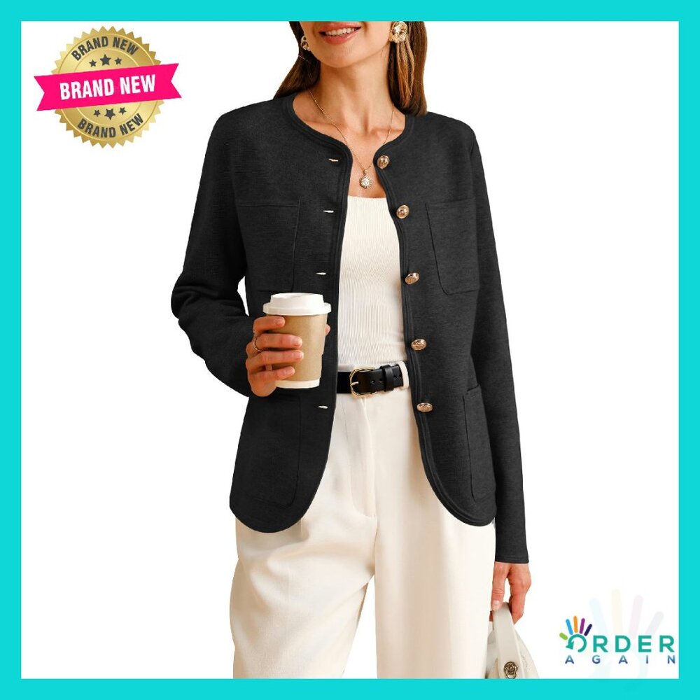 Wool Blend Sweater Blazer Collarless Classic Business Casual Jacket Pockets